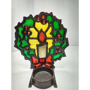 Vintage Stained Glass Candle Holder  Christmas Wreath Cast Iron Tiffany Style